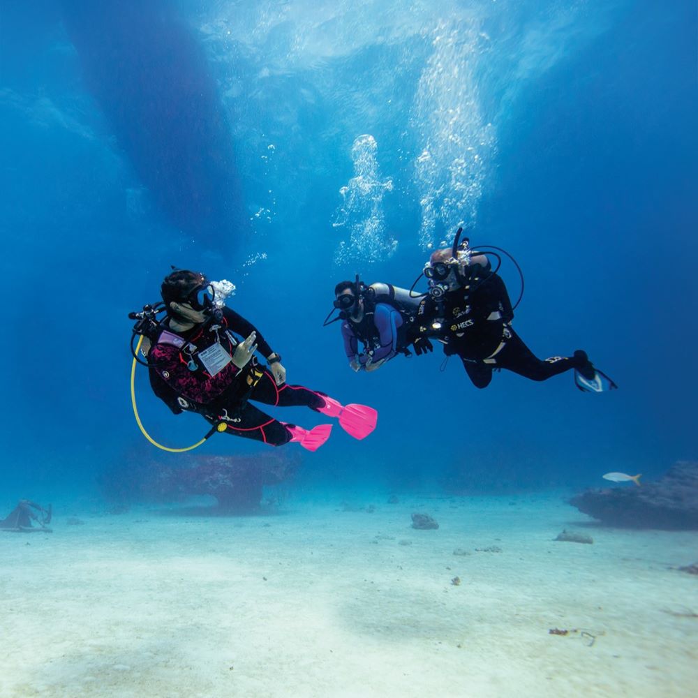 Friends taking the first step into scuba training